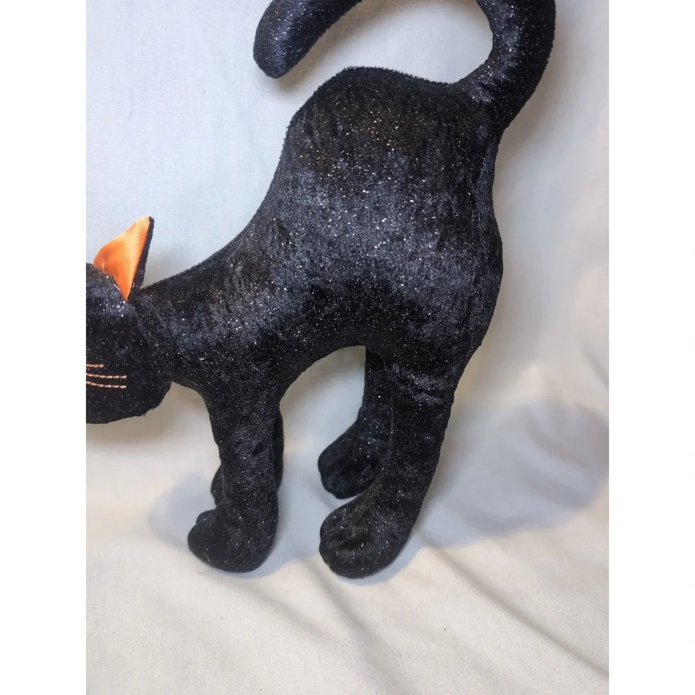 Vintage Arched Shimmery Black Cat Halloween Plush Doll Orange Eyes/Whiskers 12